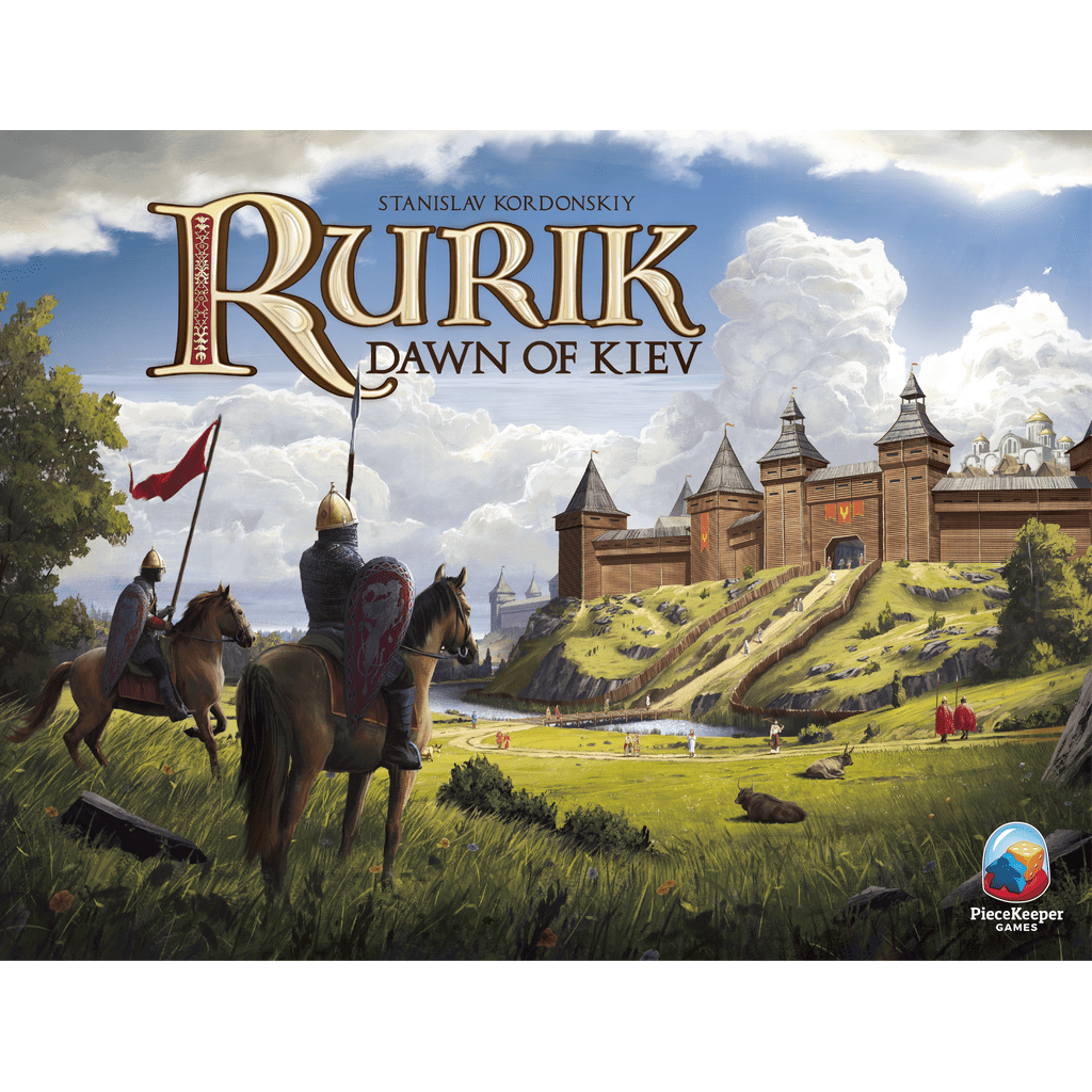 Illustration of three armored knights on horseback nearing a wooden fortress atop a grassy hill beneath dramatic clouds. The text reads Rurik: Dawn of Kiev, a realm-building game from PieceKeeper Games.