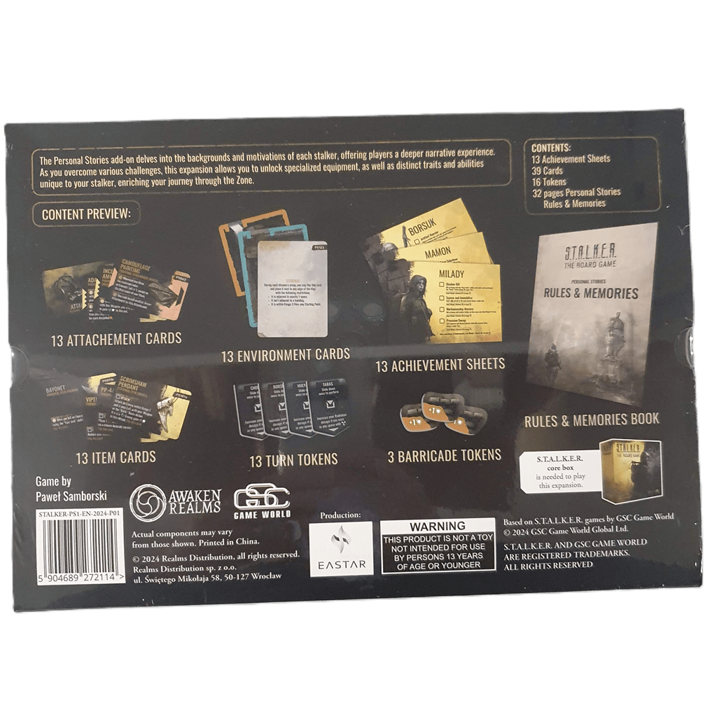 Back of S.T.A.L.K.E.R. The Board Game Personal Stories Add-on by Awaken Realms shows contents: attachment and turn cards, environment sheets, tokens, rulebook, and highlights new narratives for Zone survival mode and Stalkers' stories. Images included.