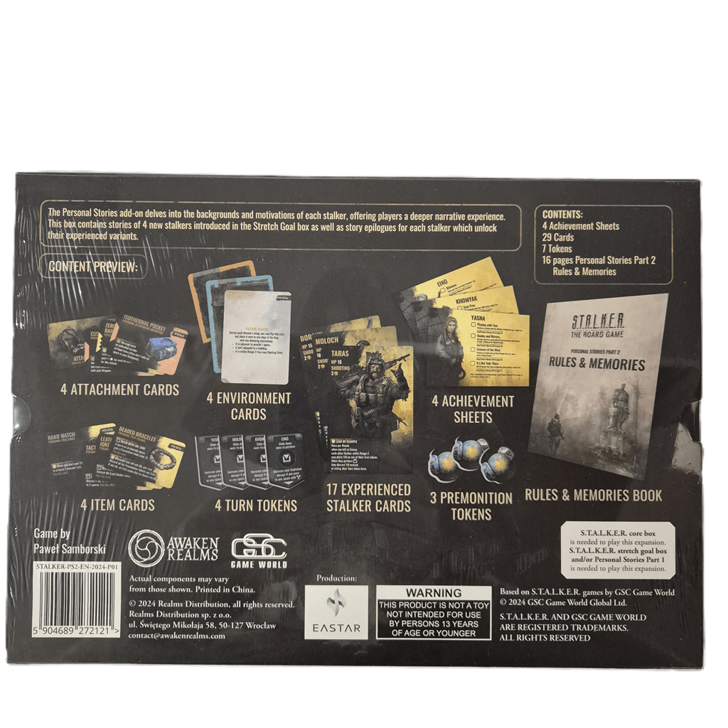 The back of S.T.A.L.K.E.R. The Board Game Personal Stories Part 2 Add-on by Awaken Realms shows labeled images of cards, tokens, sheets, and the rulebook on a black background, plus a contents list for expanded narrative gameplay.