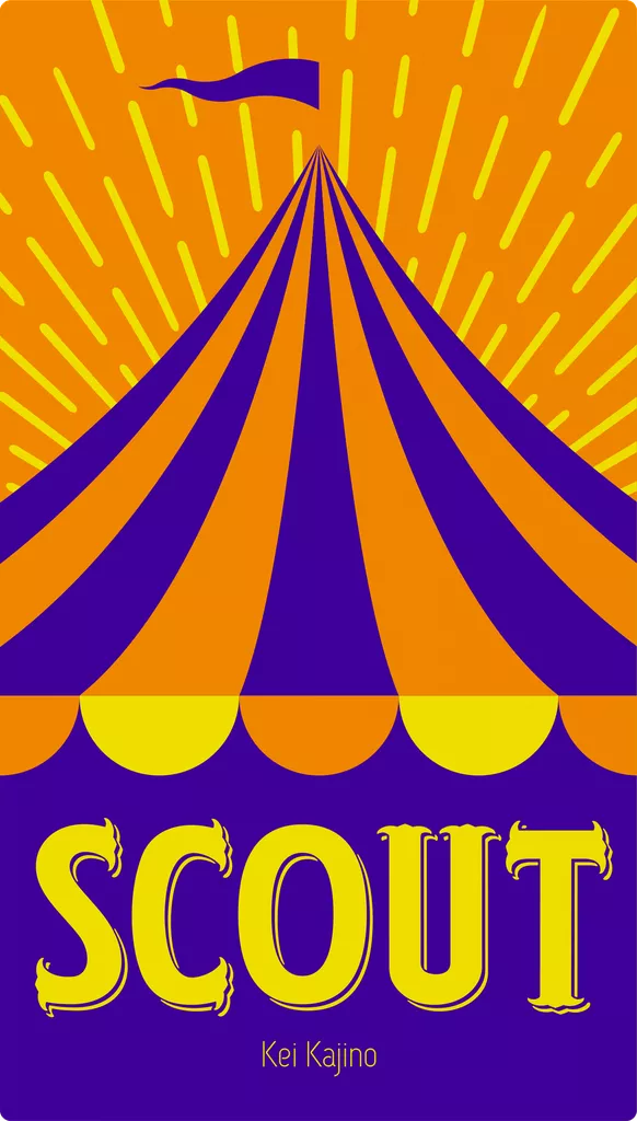 A stylized circus tent with orange and purple stripes and radiating yellow lines captures the excitement of Oink Games’ Scout. The word SCOUT appears in bold yellow letters below, with the designer Kei Kajino’s name underneath.