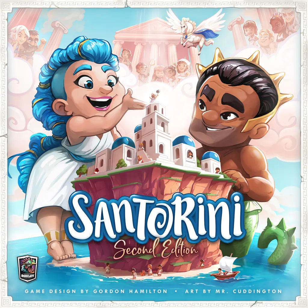 Two playful Greek gods manipulate a floating island with white buildings, blue roofs, and stairs. Boats drift below vibrant “Santorini: Second Edition Bundle” text—the iconic strategy game by Roxley Games.