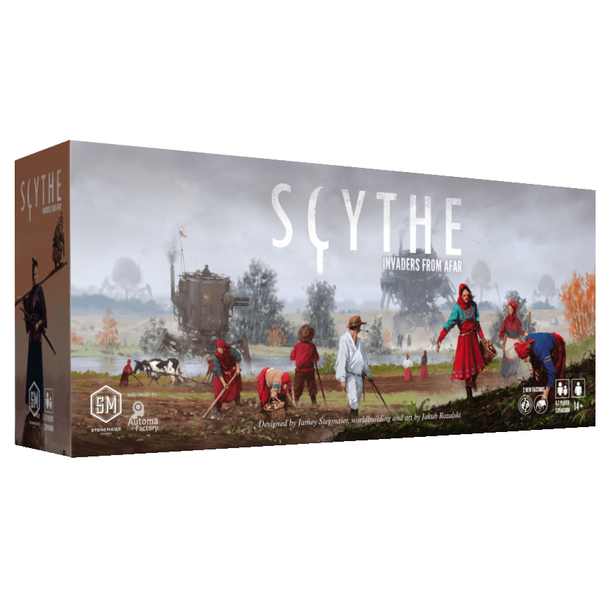 The box cover of Scythe: Invaders from Afar by Stonemaier Games shows people farming in a field with towering mechs behind them, with the game's title prominently displayed at the top.