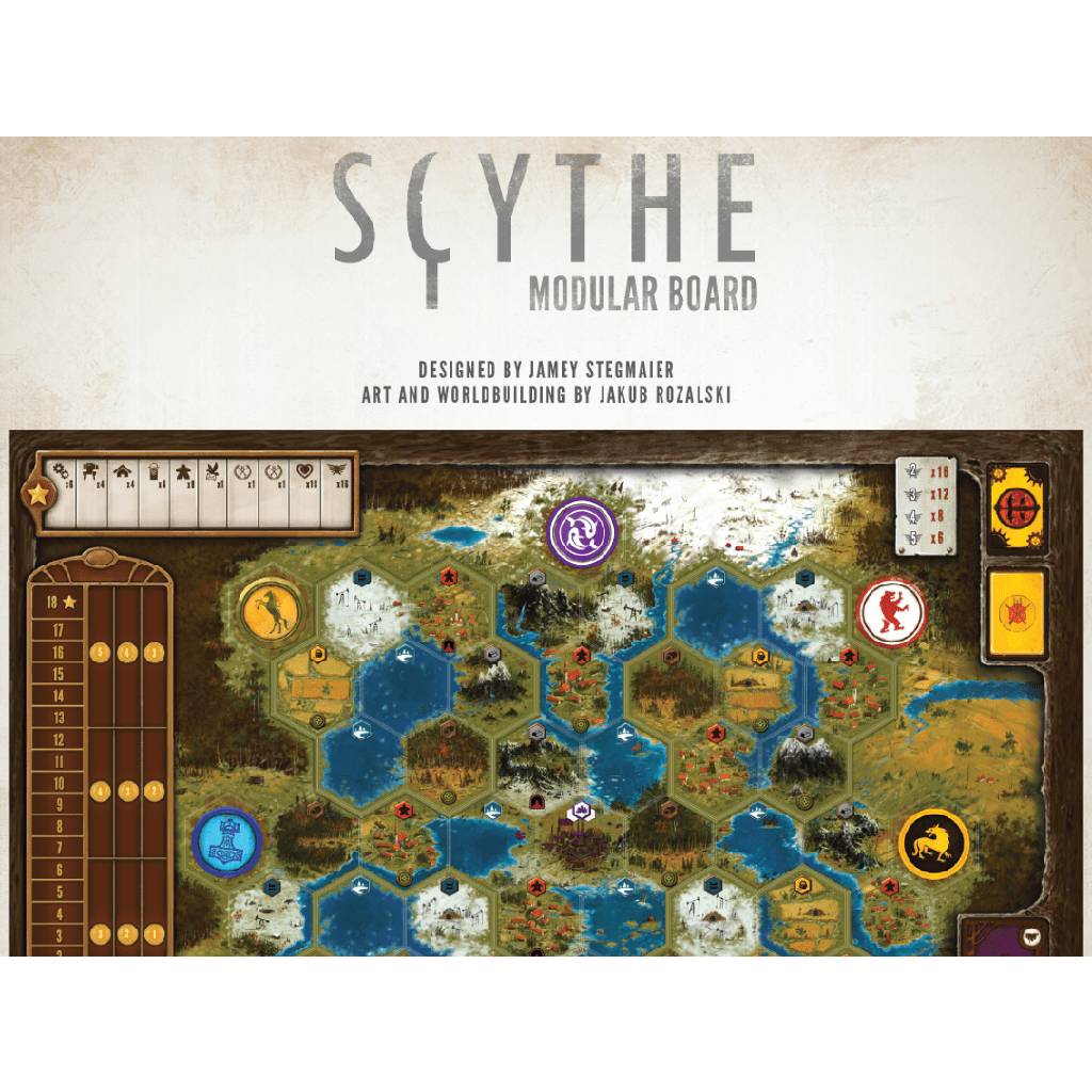 The Scythe Modular Board by Stonemaier Games is a double-sided illustrated board with hex tiles for diverse terrains, faction tokens, resource markers, and scoring/tracking panels along the edges.