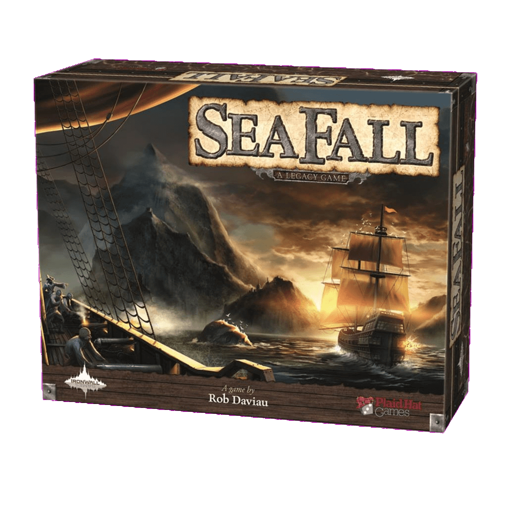 The image shows the box for SeaFall - A Legacy Game by Plaid Hat Games, featuring a large ship sailing toward a mountainous coast at sunset, another ship in the distance, and the SeaFall title displayed prominently.
