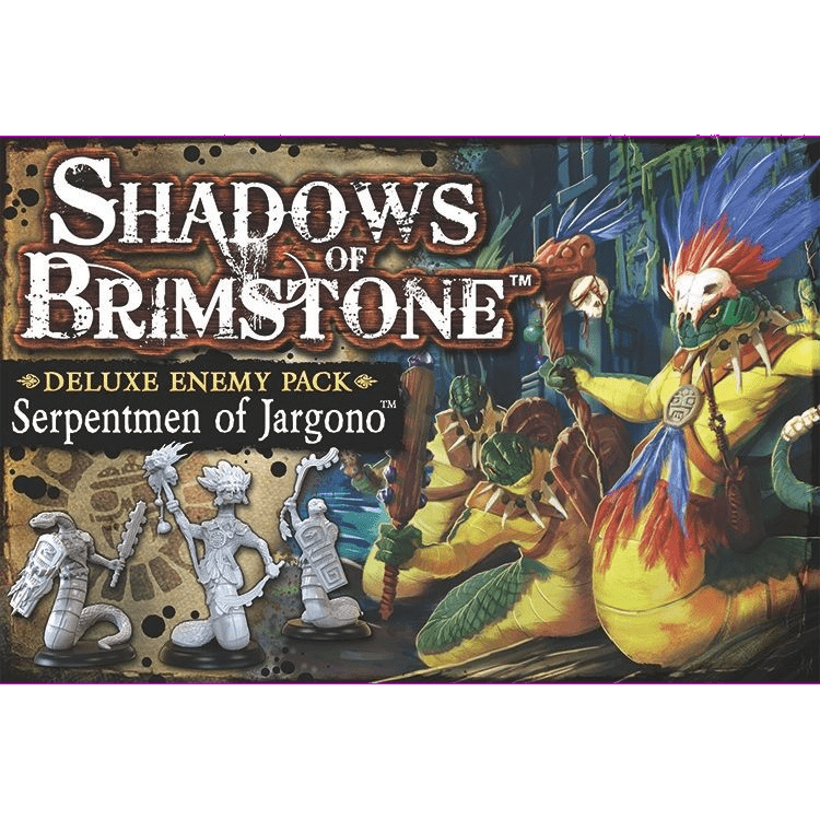 Box art for Flying Frog Productions’ Shadows of Brimstone: Serpentmen of Jargono Deluxe Enemy Pack features illustrated serpent warriors and images of the included miniatures along the left side.