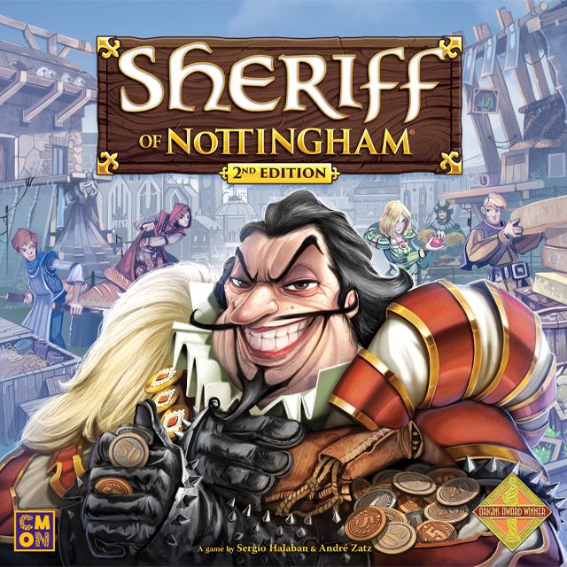 Cover art for Sheriff of Nottingham (Second Edition) by Cool Mini Or Not, showing a smug sheriff with coins amid townspeople and concealed contraband in a lively medieval marketplace.