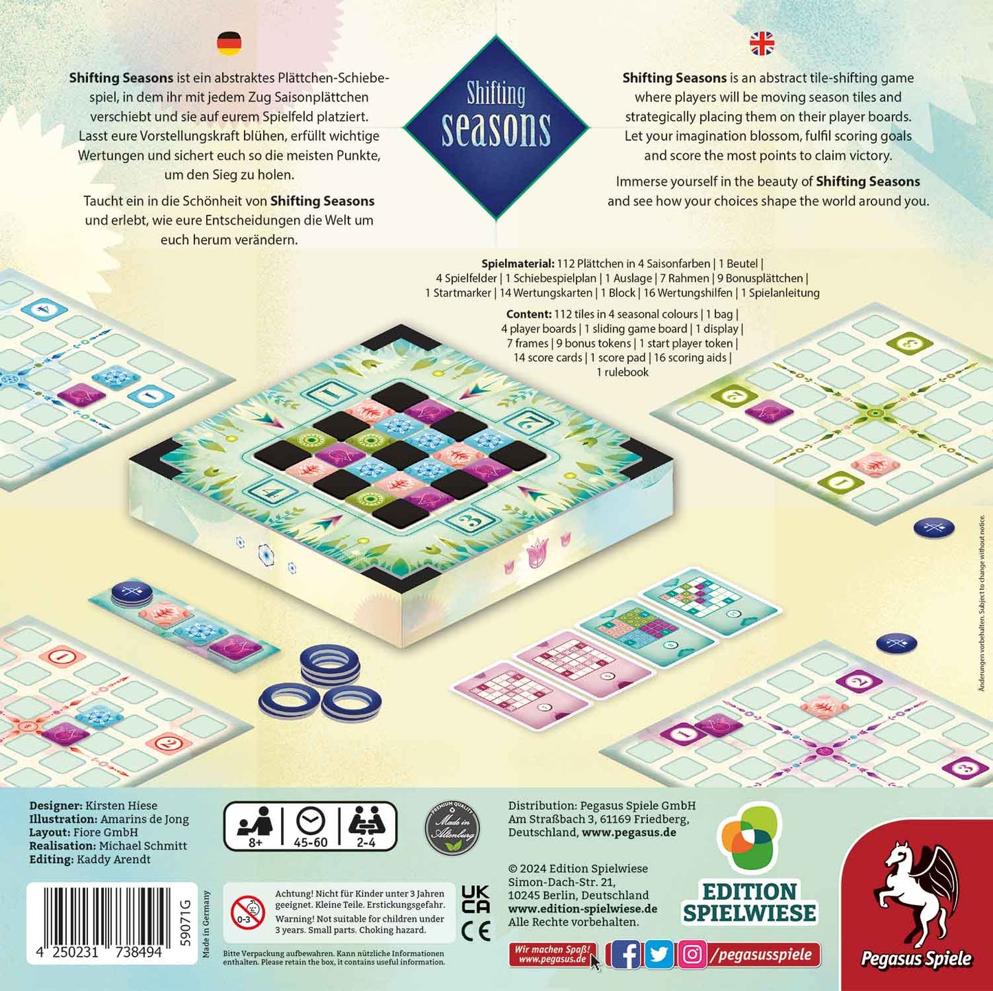 The back of the Shifting Seasons EN/DE box by Pegasus Spiele shows the board, season tiles, cards, and tokens. German and English text describes this strategy game, with the Pegasus Spiele logo featured at the bottom.