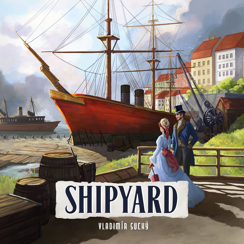 A man and woman in 19th-century attire stand by crates and barrels at a bustling shipyard, a grand sailing ship docked nearby—capturing the spirit of Shipyard (2nd edition) by Delicious Games. The title Shipyard appears at the bottom.