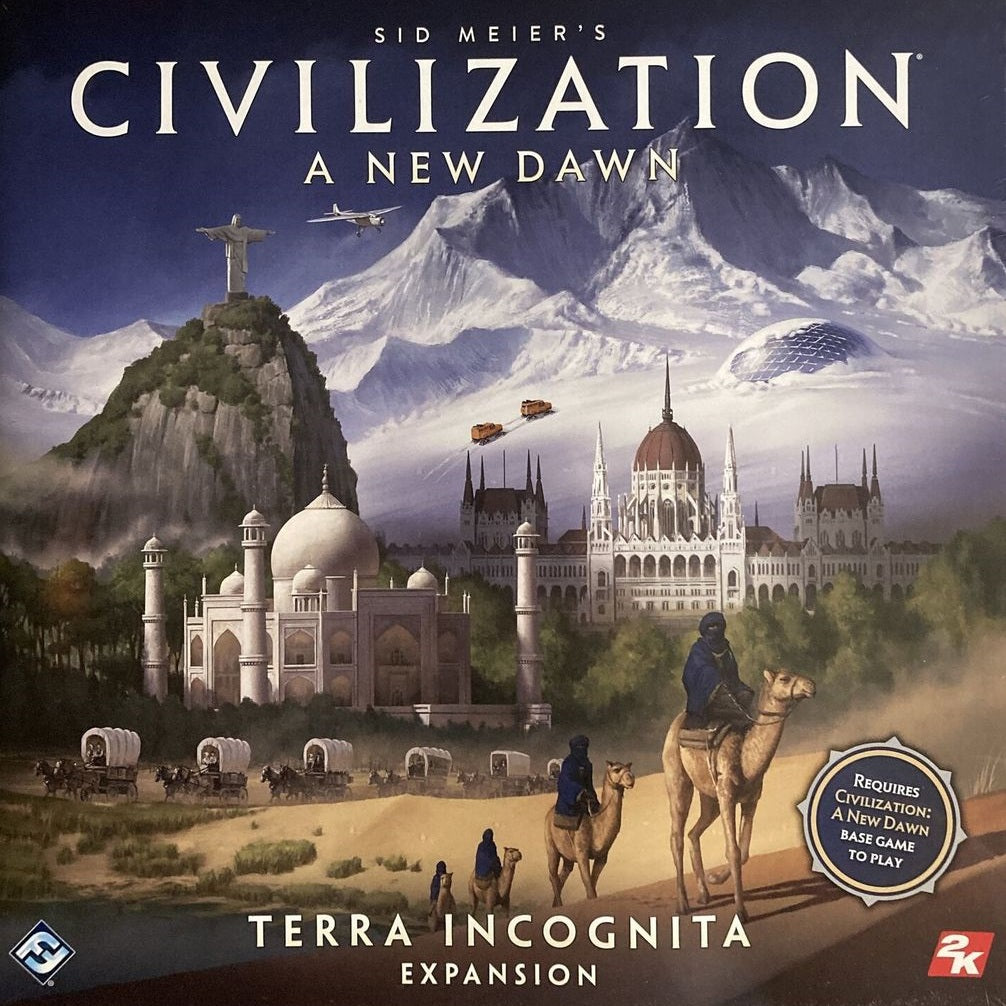 The box cover for Sid Meier’s Civilization: A New Dawn: Terra Incognita Expansion by Fantasy Flight Games showcases landmarks like Christ the Redeemer and the Taj Mahal, with camels and snowy mountains in the background.