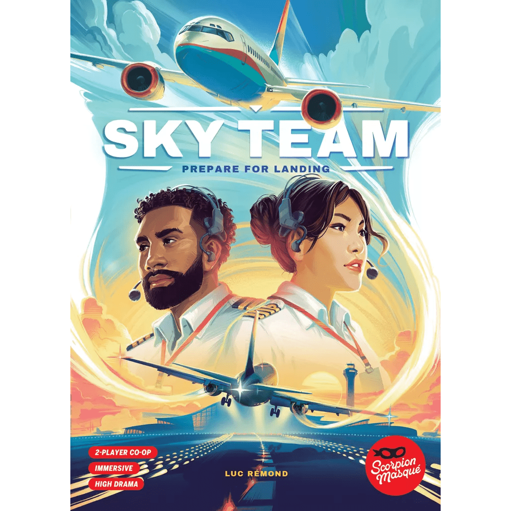 The illustrated Sky Team Bundle cover by Scorpion Masqué shows male and female pilots with headsets, planes in flight and landing, a dramatic sky, and “SKY TEAM Prepare for Landing.” Board game info and logos appear at the bottom.