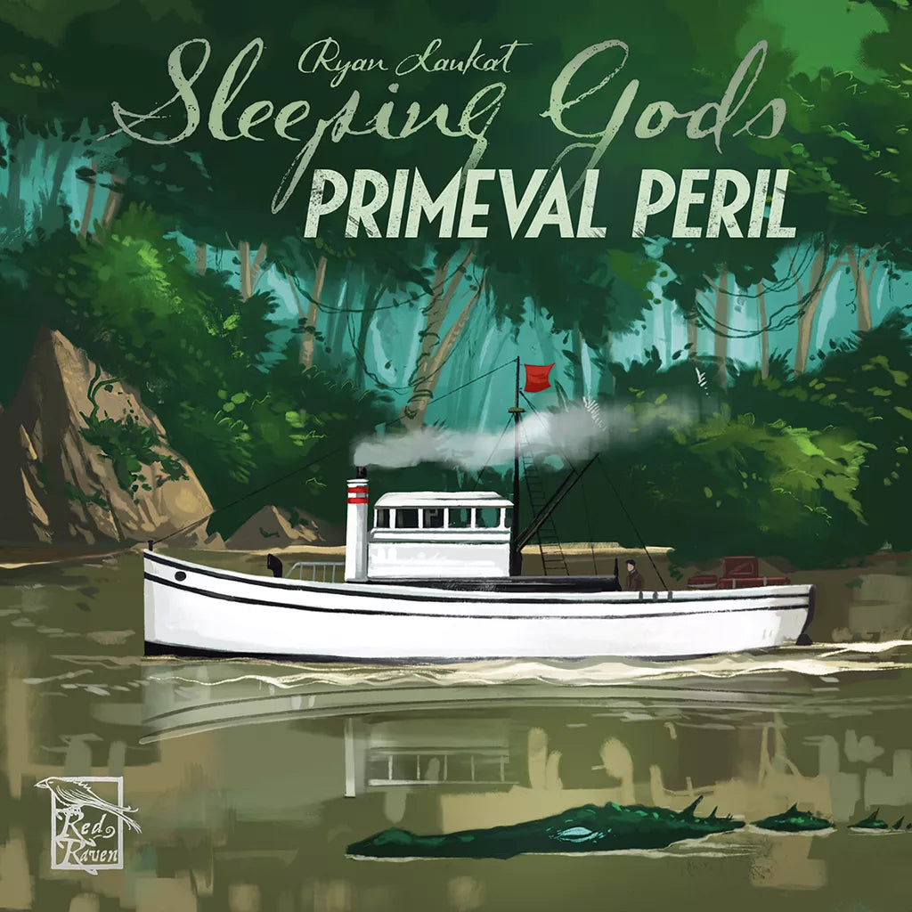 A white steamship with a red flag sails a murky jungle river as an alligator swims nearby. The cover shows “Sleeping Gods: Primeval Peril” by Red Raven Games, a standalone campaign created by Ryan Laukat.