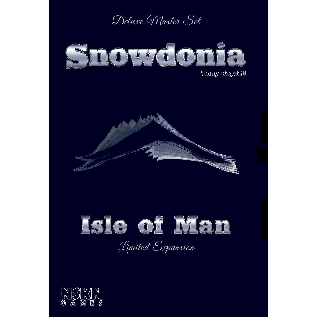 Dark blue cover for Snowdonia: Isle of Man Expansion board game accessory, by NSKN Games. Features minimalist mountain outline and stylized white text; publisher logo appears at the bottom.