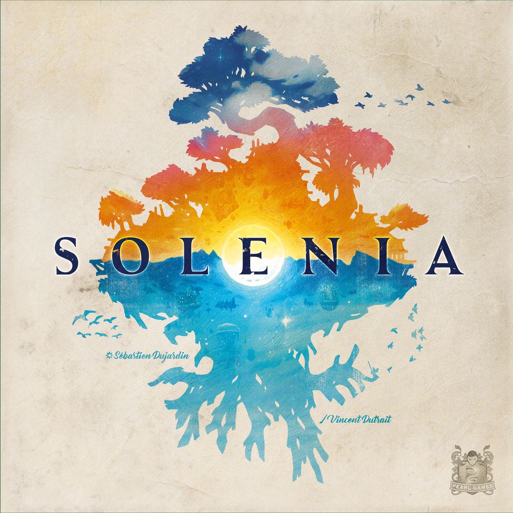 The cover art for Solenia by Pearl Games displays a central sun dividing a tree between a vivid day-themed top and blue night-themed bottom, with the title "SOLENIA" across this imaginative strategy board game's center.