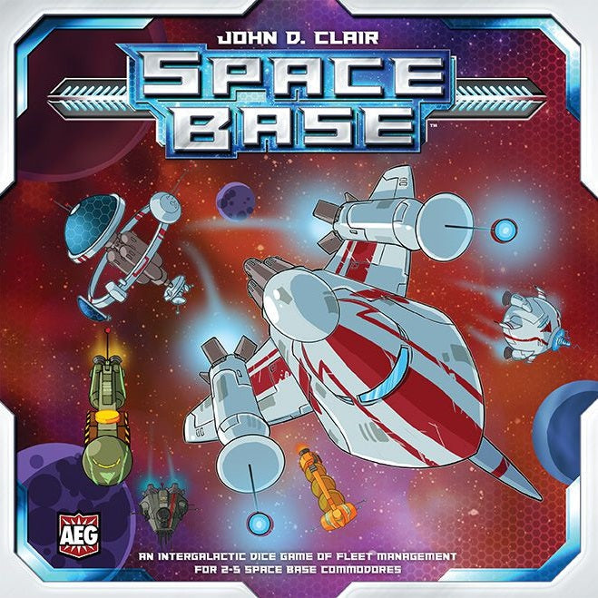 Box cover for Space Base by Alderac Entertainment Group, a dice game with vivid spaceships, planets, and stars in space. The large metallic title at the top highlights its sci-fi engine builder theme.