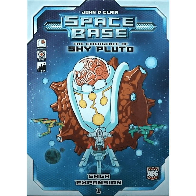 Box cover for Space Base: The Emergence of Shy Pluto Expansion by Alderac Entertainment Group, showing a floating mechanical structure with a brain-like sphere, asteroid fragments, and two spaceships in a starry blue space scene.
