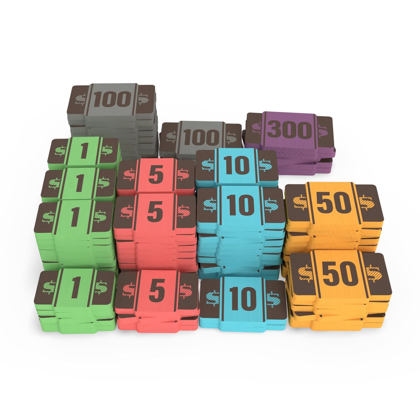 Stacks of colorful rectangular bills in denominations of 1, 5, 10, 50, 100, and 300 are neatly arranged—ideal for use with Eagle-Gryphon Games’ Speakeasy: Wooden Money Tokens.
