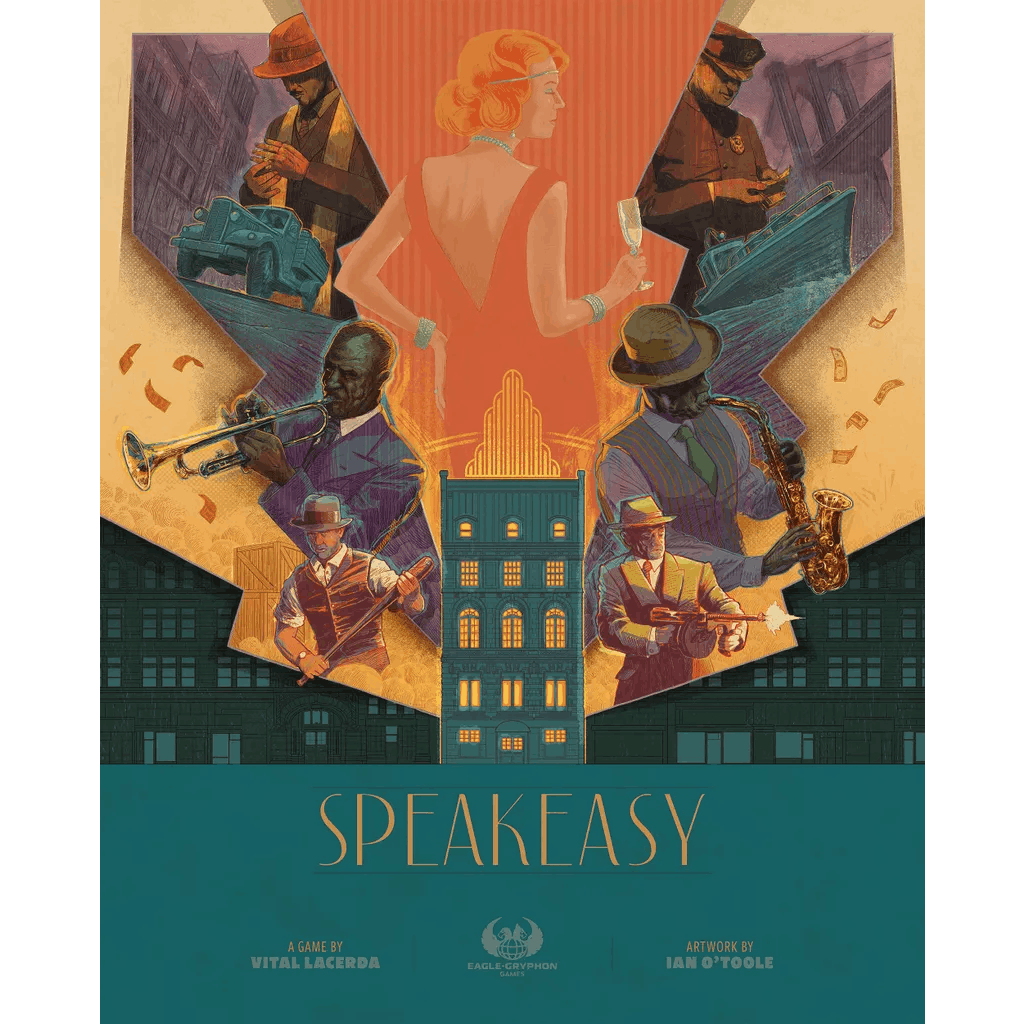 Art deco-style illustration for Speakeasy including Upgrade Pack by Eagle-Gryphon Games features a woman in orange with a drink, flanked by jazz musicians and gangsters. A glowing building evokes the prohibition era. “Speakeasy” appears at the bottom.
