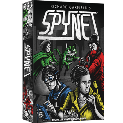Box cover of Spynet (French) by Z-Man Games shows four illustrated spies, a green cat, and bold white title text on a dark background, reflecting its spy network theme and featuring the Z-Man Games logo at the bottom.