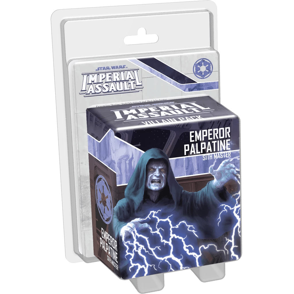 The Star Wars: Imperial Assault – Emperor Palpatine Villain Pack Expansion from Fantasy Flight Games features the Sith Master on the box, cloaked and unleashing blue Force lightning.