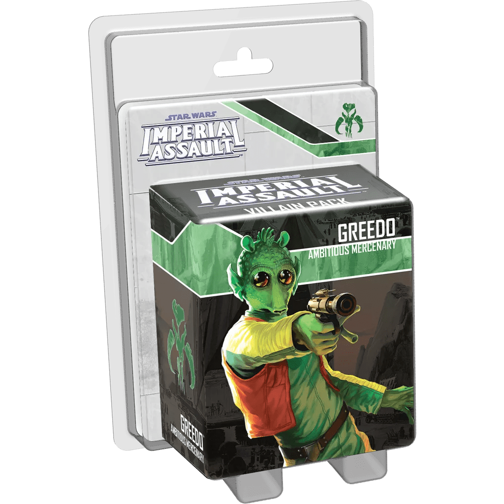 The Star Wars: Imperial Assault – Greedo Villain Pack Expansion by Fantasy Flight Games features the green bounty hunter with blaster, labeled Ambitious Mercenary. Black, green, and white packaging includes new skirmish missions.
