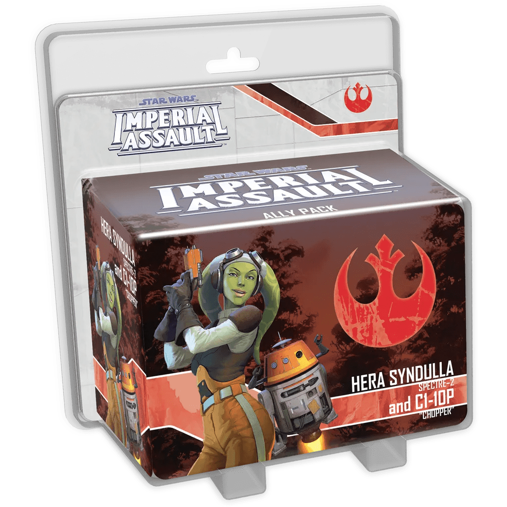 The Star Wars: Imperial Assault – Hera Syndulla and C1-10P Ally Pack Expansion by Fantasy Flight Games comes packaged with artwork of Hera, C1-10P, and the Rebel Alliance symbol on the box.