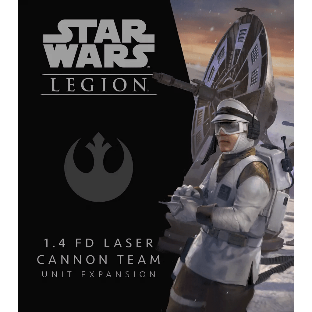 The Star Wars: Legion – 1.4 FD Laser Cannon Team Unit Expansion by Fantasy Flight Games features a Rebel soldier in white snow gear manning the 1.4 FD Laser Cannon, with the Rebel symbol and product details on display.