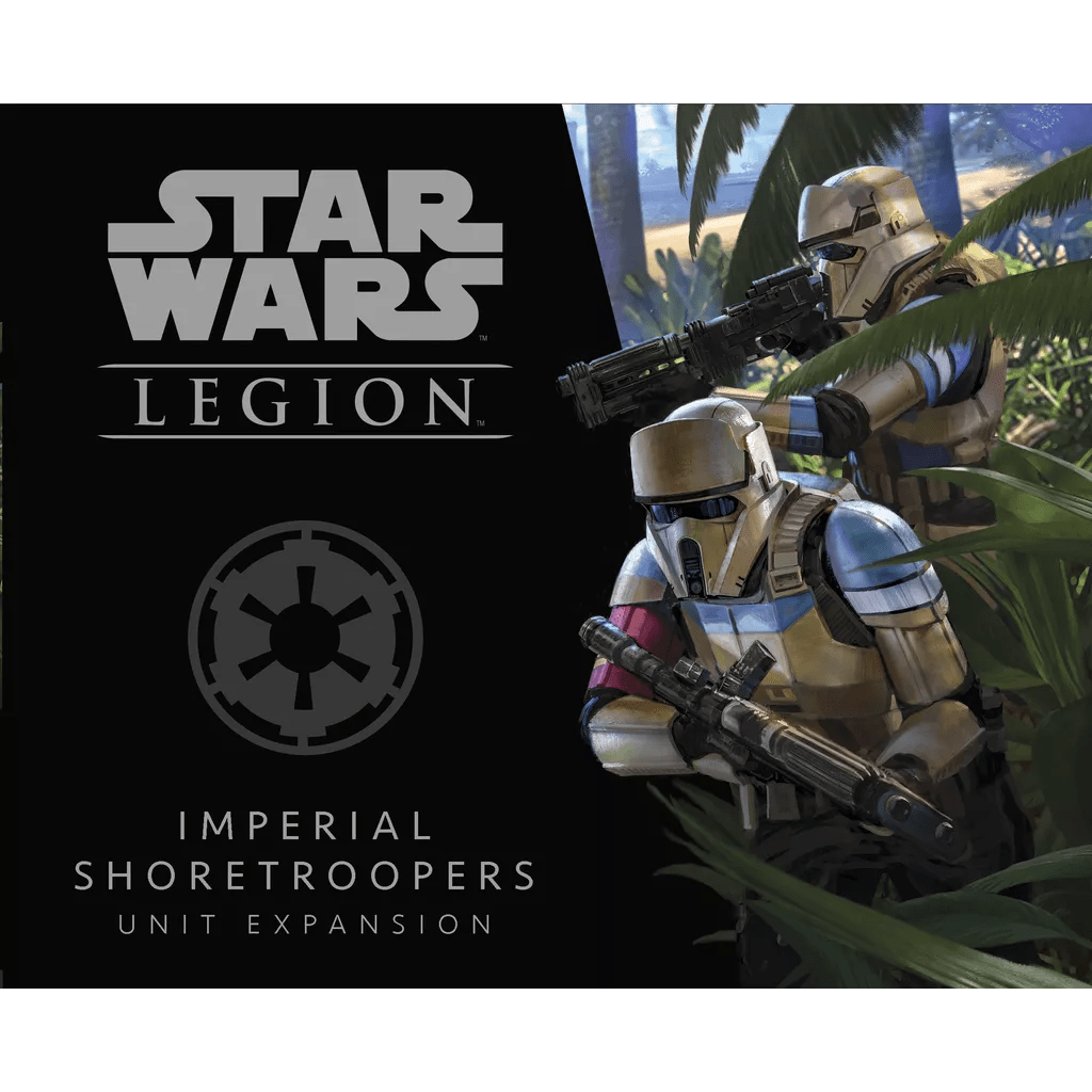 Box art for Fantasy Flight Games' Star Wars: Legion – Imperial Shoretroopers Unit Expansion shows armed Shoretrooper miniatures in tropical scenery, with the Star Wars: Legion and Imperial logos featured prominently.
