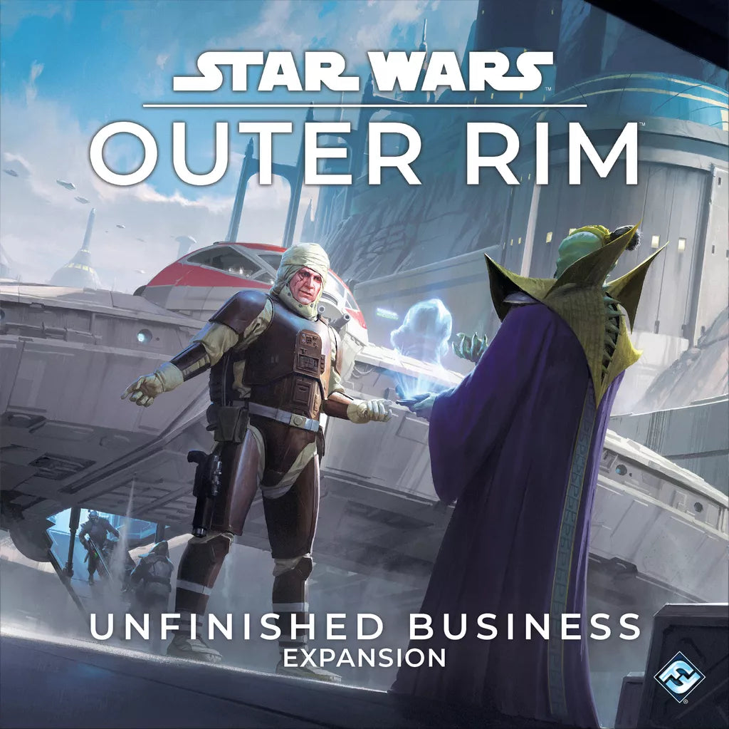 The Star Wars: Outer Rim Unfinished Business Expansion from Fantasy Flight Games features cover art with a helmeted figure and a robed alien facing off on a futuristic platform, with a sleek spaceship in the background.