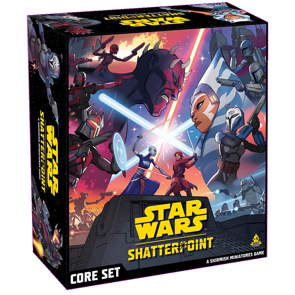 Box for Star Wars: Shatterpoint by Atomic Mass Games features iconic characters in a lightsaber duel, striking action poses against a vibrant cosmic background. Text reads: A Skirmish Miniatures Game—an epic Star Wars experience.
