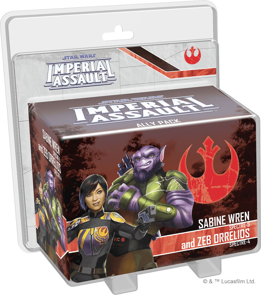 The Star Wars: Imperial Assault Sabine Wren and Zeb Orrelios Ally Pack by Fantasy Flight Games comes boxed with vivid artwork of both heroes, their names, and the Rebel Alliance logo featured on the front.