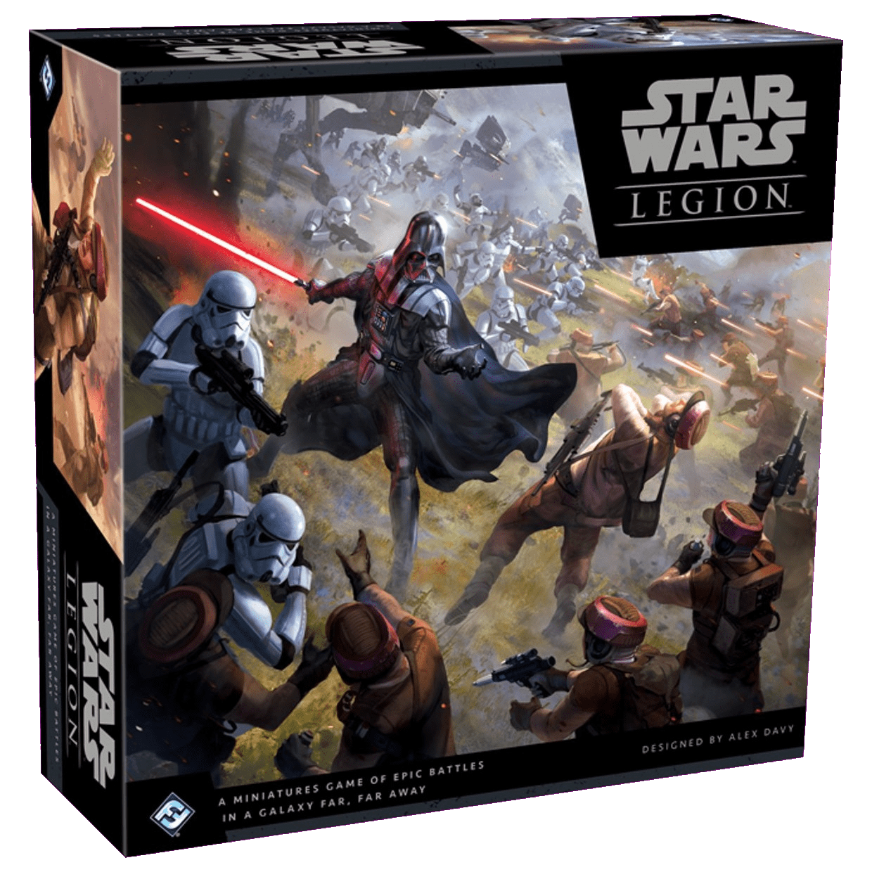 Box art for Star Wars: Legion by Fantasy Flight Games features Darth Vader with a red lightsaber, leading stormtroopers into fierce infantry battles against rebel soldiers on a smoky, action-packed battlefield.