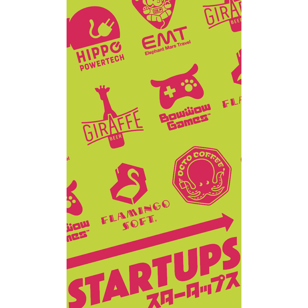 Bright yellow-green poster for “Startups” by Oink Games, featuring playful logos and names like Hippo Powertech, BowWow Games, Giraffe Beer, EMT, Flamingo Soft, and Octo Coffee—a fun card game for aspiring investors. Japanese text at the bottom.