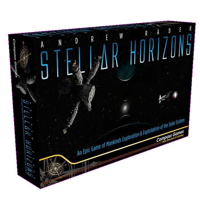 A box for Stellar Horizons by Compass Games displays spaceships and planets. The tagline reads: An epic solar system strategy game of mankind’s exploration & exploitation of the solar system.