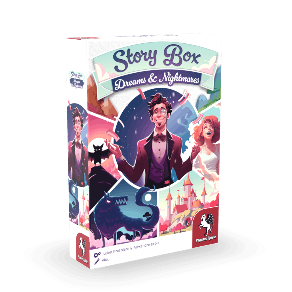 Box cover of Story Box: Dreams & Nightmares by Pegasus Spiele, showing a smiling man in a tuxedo, a woman in red, a blue elephant, and shadowy figures in a whimsical, dreamlike scene.