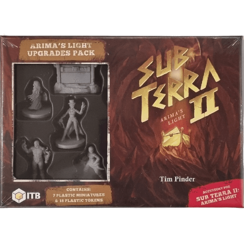 Sub Terra II: Inferno's Edge – Arima's Light Upgrade Pack by ITB features 7 detailed plastic miniatures and tokens, showcased in a display window beside the fiery game logo and designer Tim Pinder’s name.