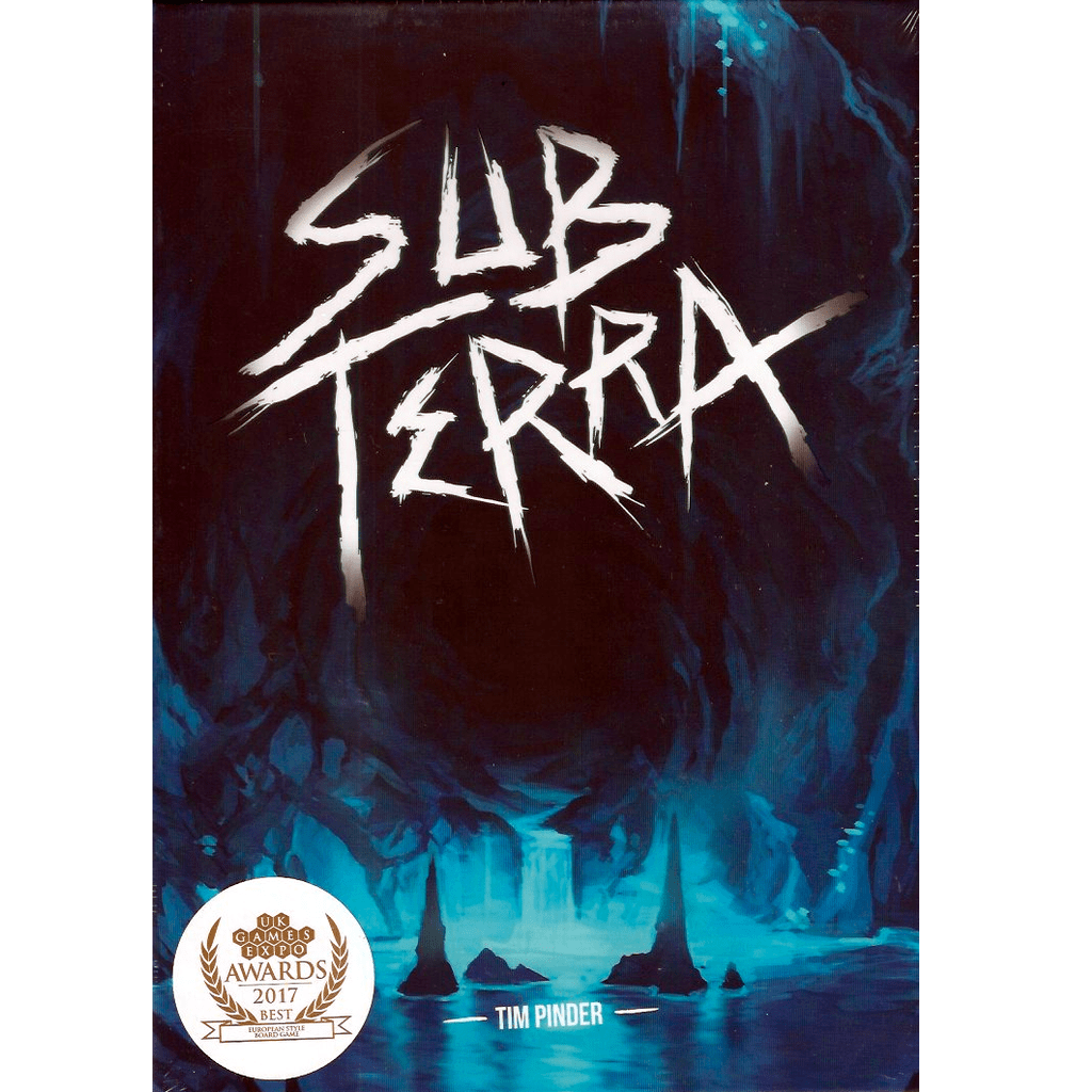 The Sub Terra cover by Inside the Box Board Games shows bold white text above a shadowy, blue-lit cave, highlighting its cooperative escape theme. A gold and white Best Board Game 2017 badge is displayed in the lower left corner.