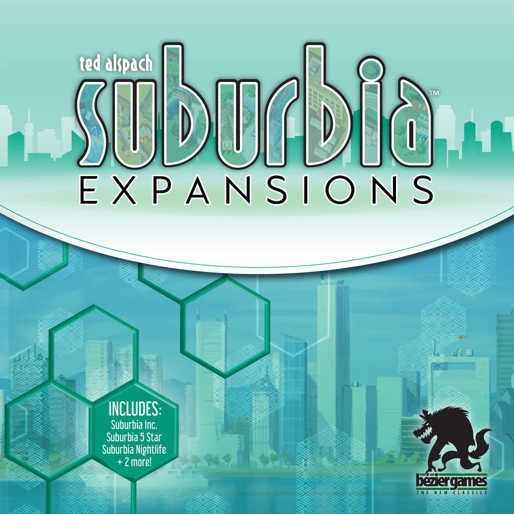 Board game cover for Suburbia Expansions Second Edition by Bezier Games, with a green and blue city skyline, hexagonal patterns, griffin silhouette, Suburbia Nightlife highlight, logo, and space for GameTrayz organizers bottom right.
