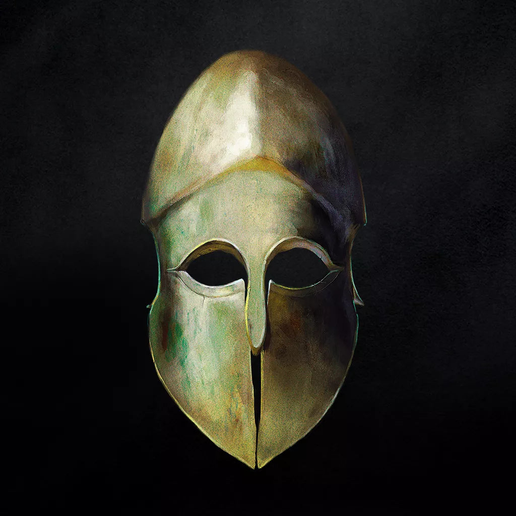 A bronze ancient Greek helmet with a pronounced nose guard and curved eye openings, inspired by warriors from the Phalanx board game Successors (Fourth Edition), displayed against a dark, textured background.