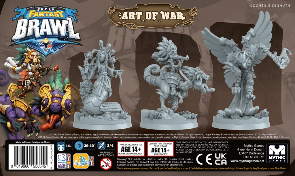 The box art for Mythic Games' Super Fantasy Brawl: Art of War Expansion features three unpainted Champions miniatures, a colorful game logo, age warnings, and illustrated fantasy characters set against a dynamic branded background.