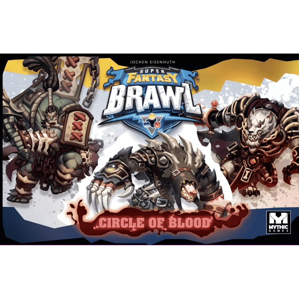 Box art for Super Fantasy Brawl: Circle of Blood Expansion by Mythic Games features three armored fantasy creatures, including Korvash, ready for battle, with the game title and Mythic Games logo displayed prominently.