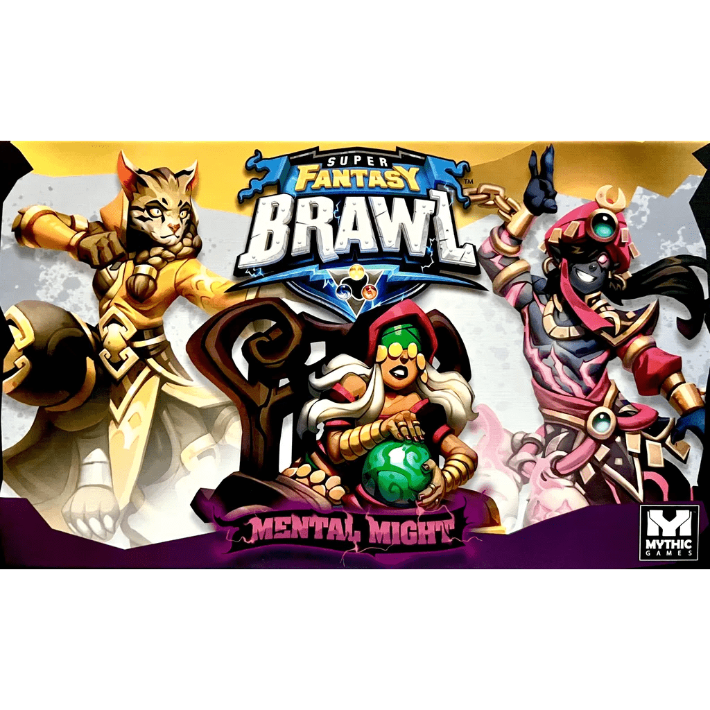 Box art for Super Fantasy Brawl: Mental Might Expansion by Mythic Games shows three champions: an armored cat warrior, a cloaked figure with glasses and crystal ball, and a dark-skinned mage in red armor with a staff.