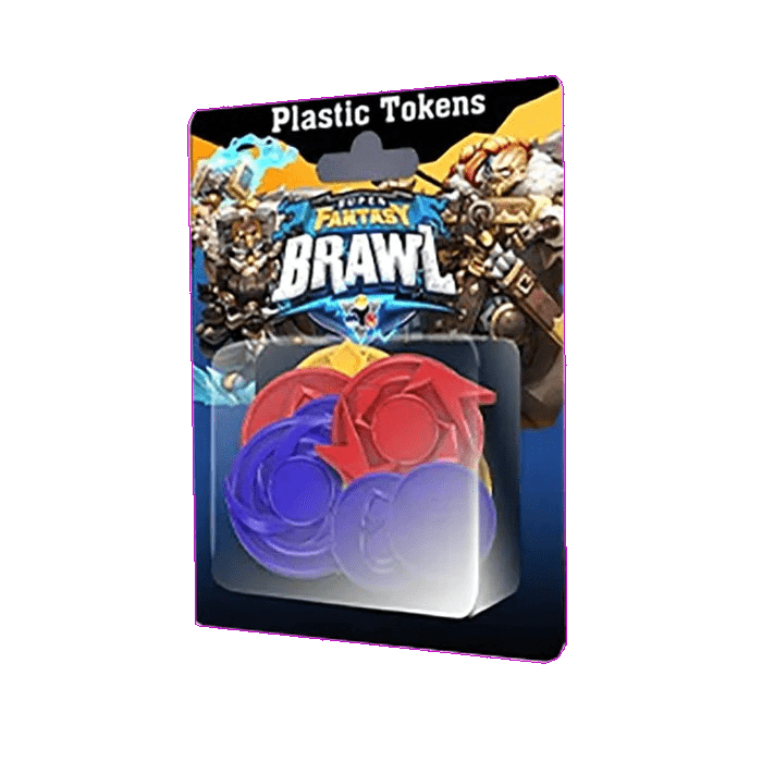 Super Fantasy Brawl: Upgraded Plastic Tokens Kit by Mythic Games includes spiral-shaped red, blue, and purple plastic tokens in packaging with vibrant fantasy-themed art.