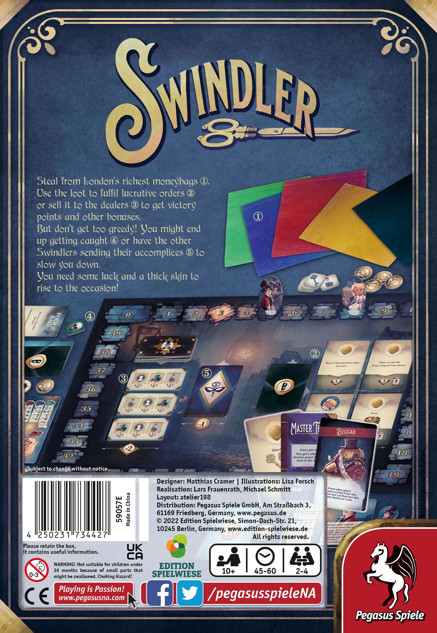 The back of Swindler by Pegasus Spiele showcases cards, coins, player boards, and tokens, with text emphasizing its press-your-luck mechanics and exciting themes of theft and strategy set in Victorian London.