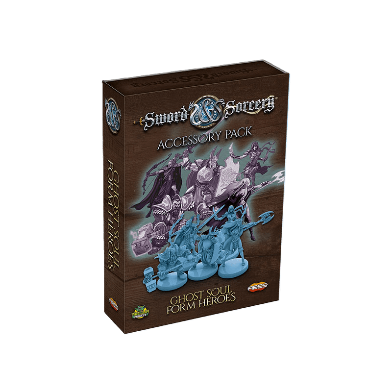 The image displays the Sword & Sorcery: Ghost Soul Form Heroes Pack by Ares Games. The box features fantasy heroes and ghost miniatures, hinting at compatibility with Sword & Sorcery Immortal Souls, set against a wooden background.