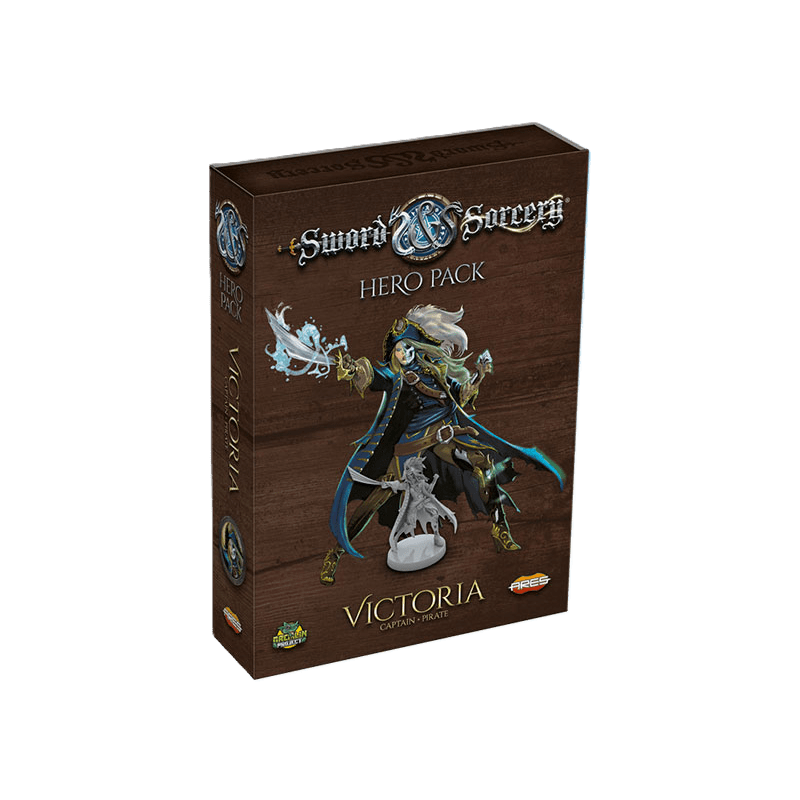 The image displays the Sword & Sorcery: Victoria Hero Pack by Ares Games, featuring a pirate captain hero with a sword and her ghostly cat—perfect for expanding your next adventure in this fantasy board game series.