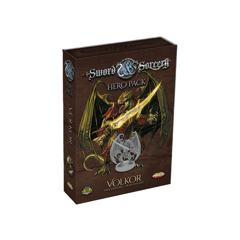 Ares Games’ Sword & Sorcery: Volkor Hero Pack features a Drakonian guard named Volkor, with artwork of a large red dragon and small silver dragon on a wood-style background. The box displays both the front and one side.
