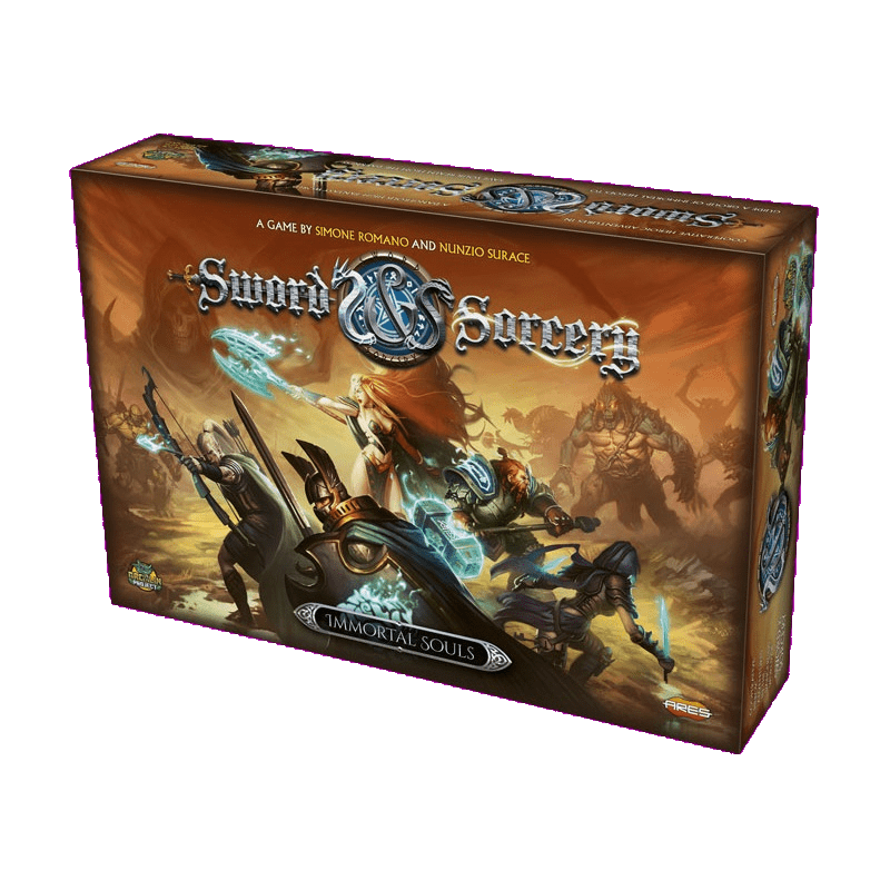A 3D box of Sword & Sorcery Immortal Souls by Ares Games, a cooperative fantasy board game with heroes battling monsters on the cover and highlighting its modular board system.
