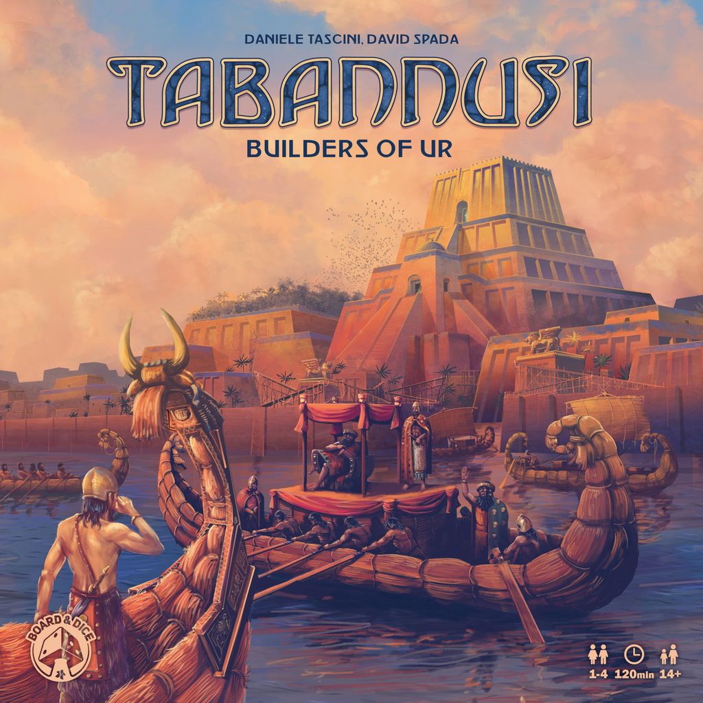 The board game cover for Tabannusi: Builders of Ur by Board & Dice features ancient Mesopotamian builders on boats near a grand ziggurat, set against a sunset with people working in the foreground.