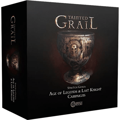 The box cover of Tainted Grail: Age of Legends & Last Knight Campaigns (Stretch Goals) by Awaken Realms features a dark chalice adorned with a skull, set against a black background.
