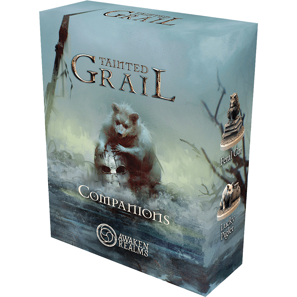 The Awaken Realms Tainted Grail: The Fall of Avalon – Companions Add-on game box shows a bear holding a helmet in misty surroundings and highlights two companion models: a feral cat and a lucky piglet.